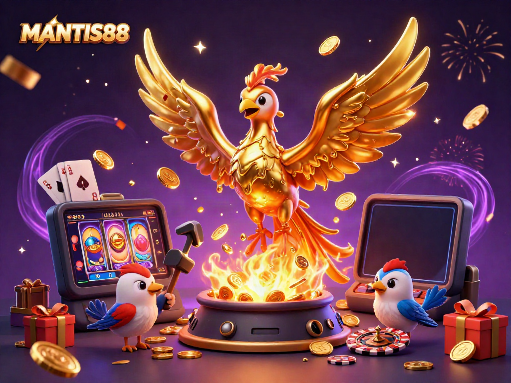 Experience the thrill of winning with MANTIS88's captivating gaming elements and golden phoenix theme.