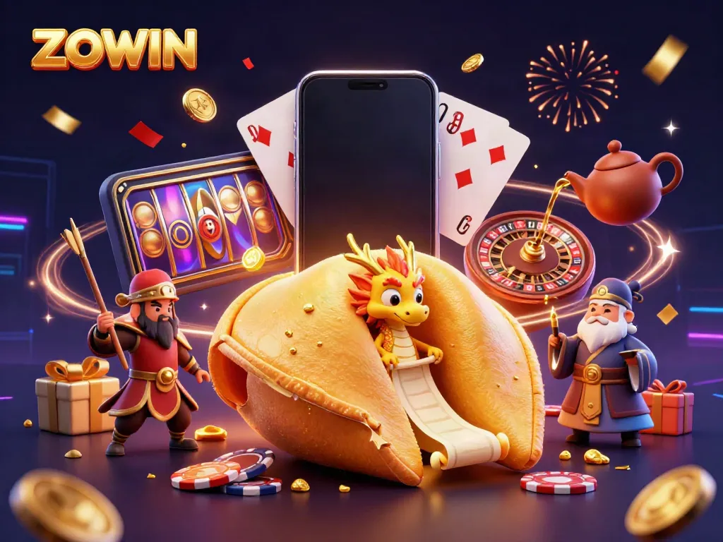 ZOWIN showcases a vibrant online casino scene with a golden fortune cookie, a wise dragon, and lively gaming elements.