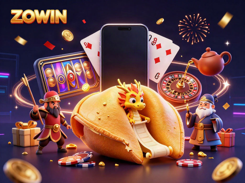 ZOWIN showcases a vibrant online casino scene with a golden fortune cookie, a wise dragon, and lively gaming elements.