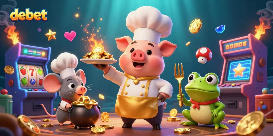 Experience debet's casino adventure with a gourmet chef pig and golden treasures in a vibrant game setting.