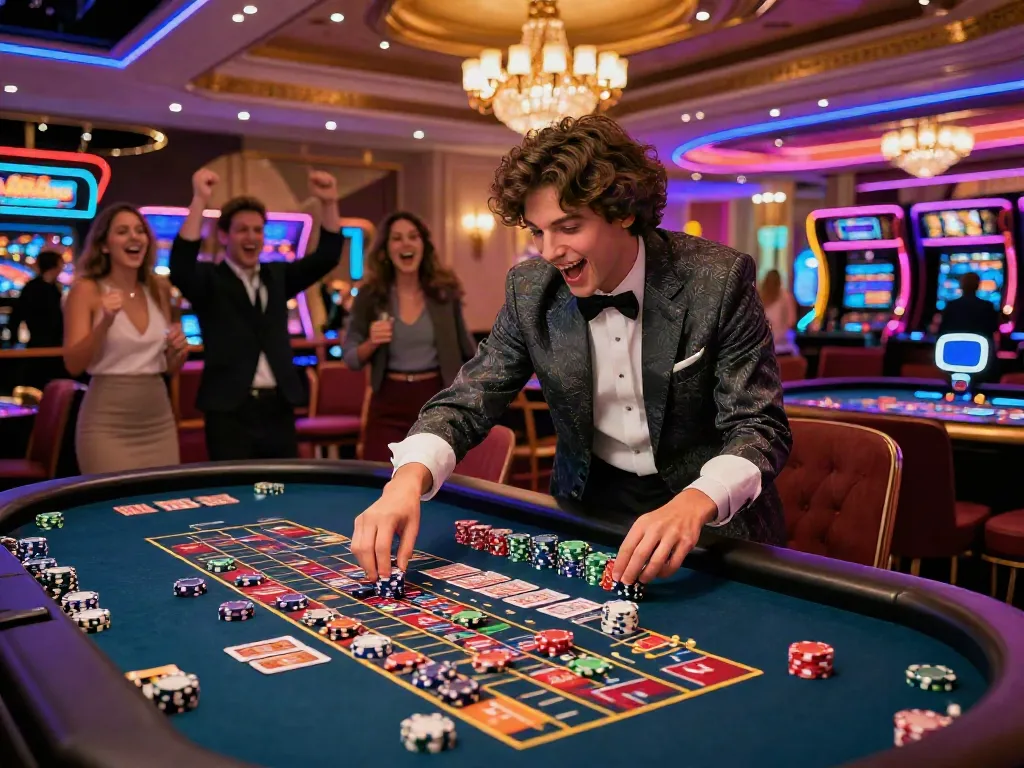 Exciting casino scene with man88 branding, roulette table filled with chips and players celebrating a win.