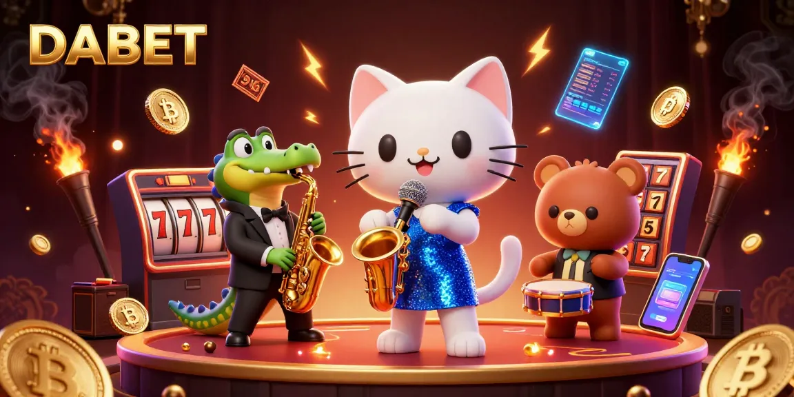 DABET showcases a dynamic casino scene with a jazz-singer cat, a saxophone crocodile, and a drum bear, amidst slot reels and crypto coins.