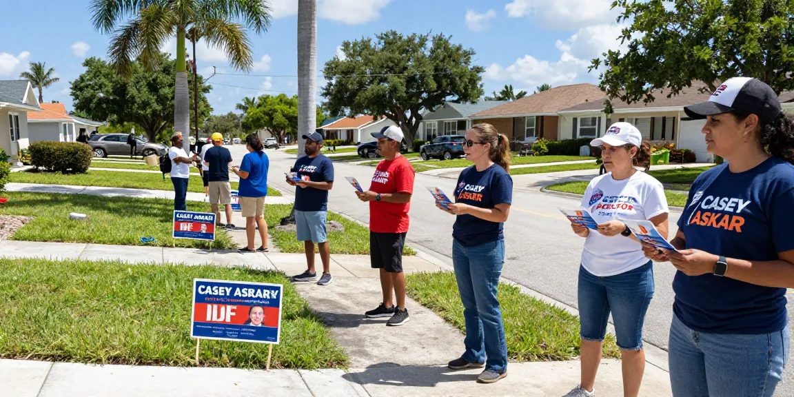 Community volunteers campaigning for Casey Askar in Florida neighborhood during bright day.