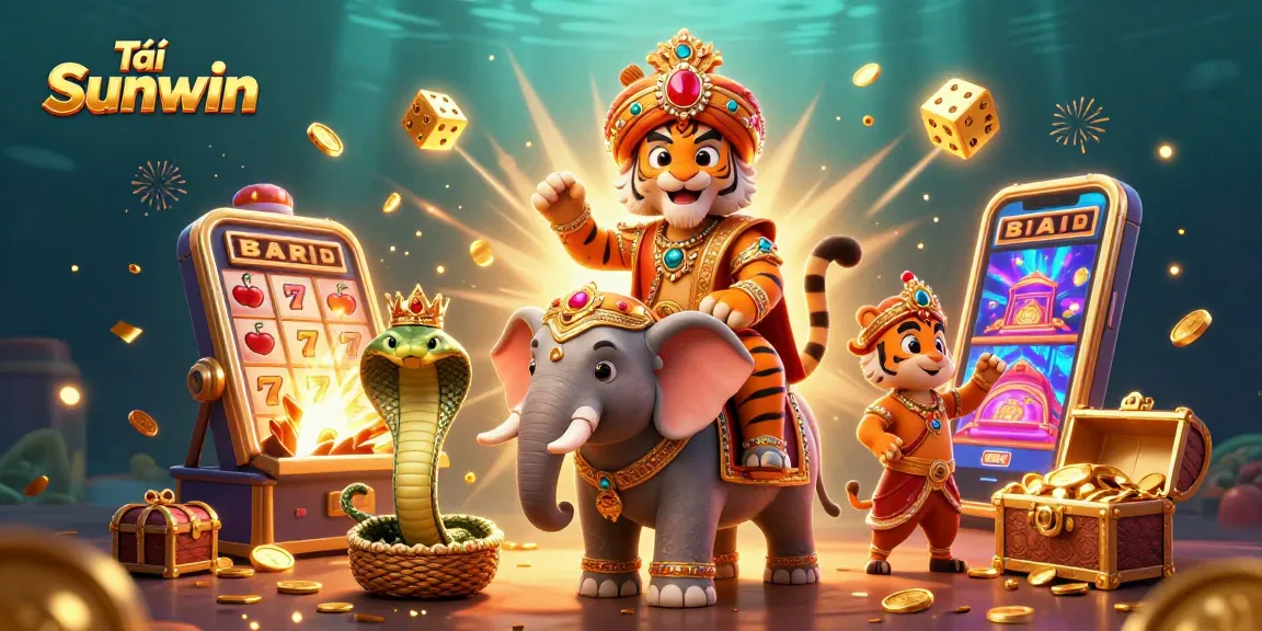 Tải Sunwin by engaging with a vibrant online casino, featuring roulette wheels, slot machines, and game elements.