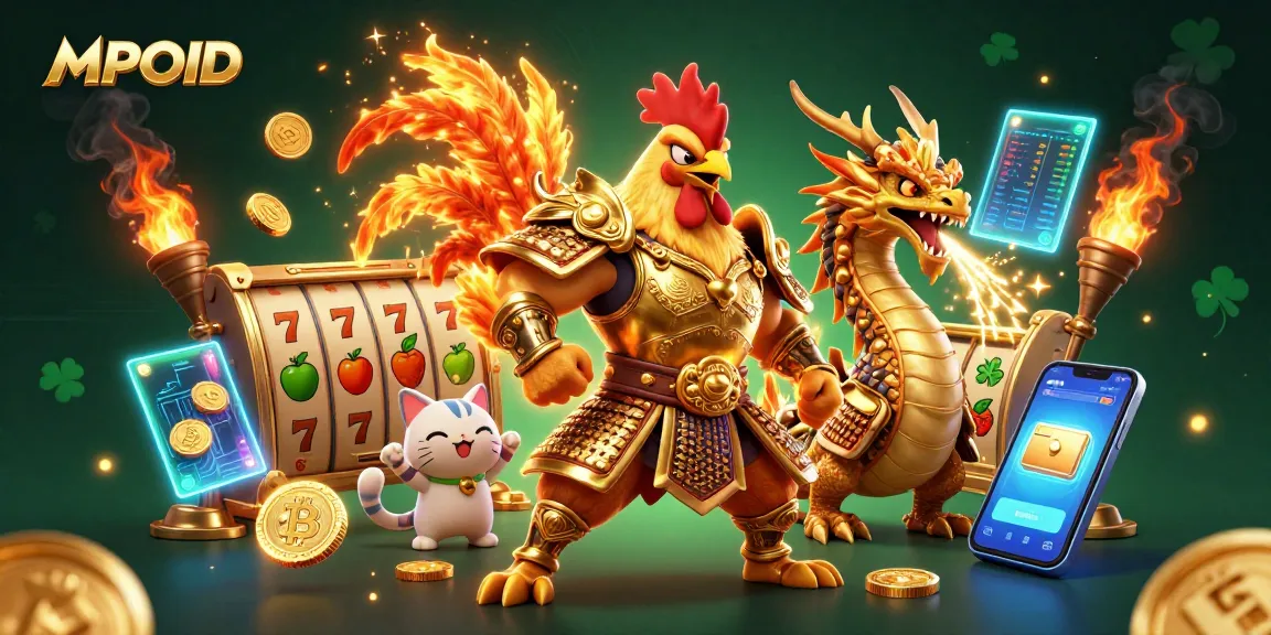 MPOID showcases a vibrant 3D battle scene with a rooster warrior and dragon hatchling amidst colorful gambling elements.