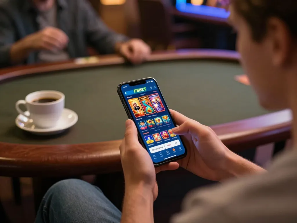Engaged player using the f8betz app on smartphone, showcasing vibrant casino games interface.