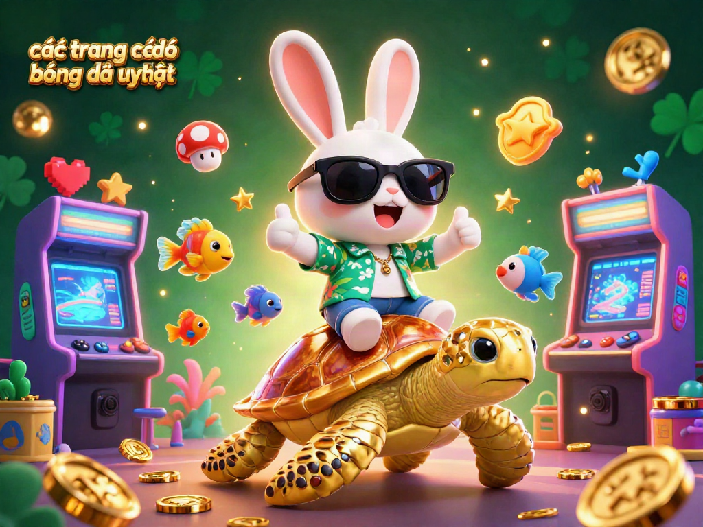 Các trang cá độ bóng đá uy tín với hình ảnh chú thỏ dễ thương mang kính râm, sống động bên rùa vàng lớn.