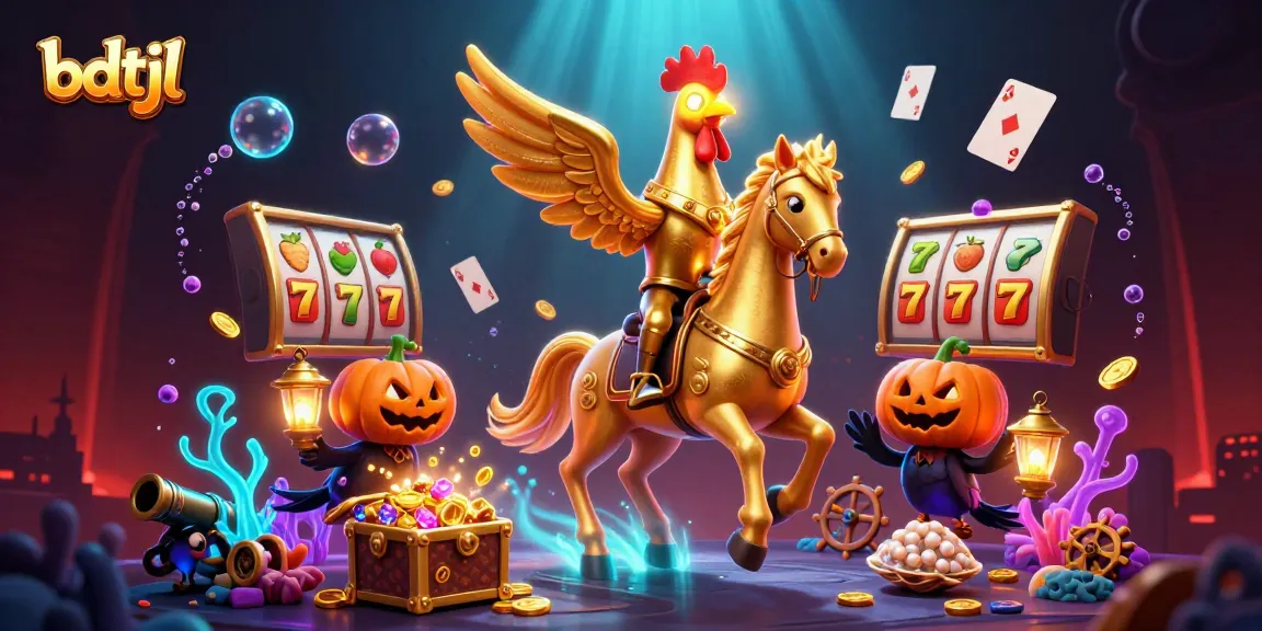 Engage with bdtjl's thrilling casino adventure featuring a golden rooster in a vibrant setting.