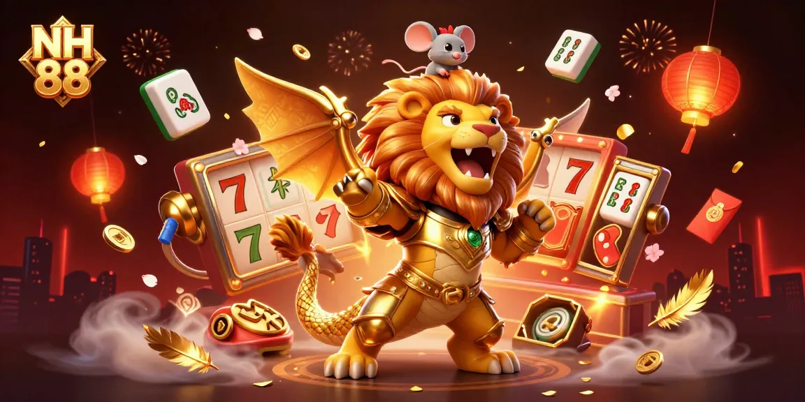 Experience thrilling games at NH 88 with a cinematic illustration showcasing slot reels and a majestic chimera.