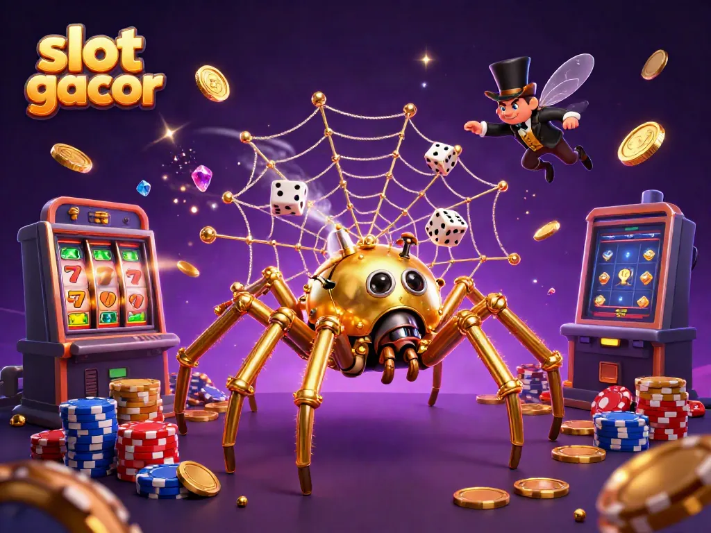 Engage with slot gacor excitement in this vibrant 3D casino scene showcasing golden web and jackpot elements.