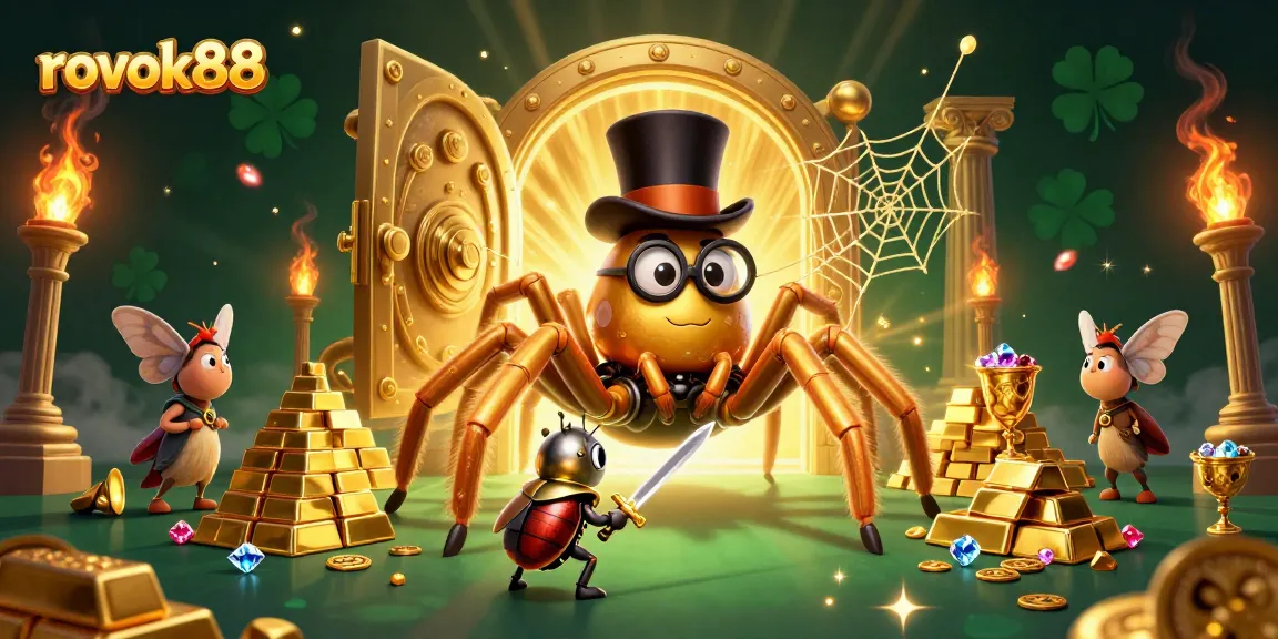 Engage with rokok88 as the brave beetle knight faces a golden tarantula in a vibrant casino.
