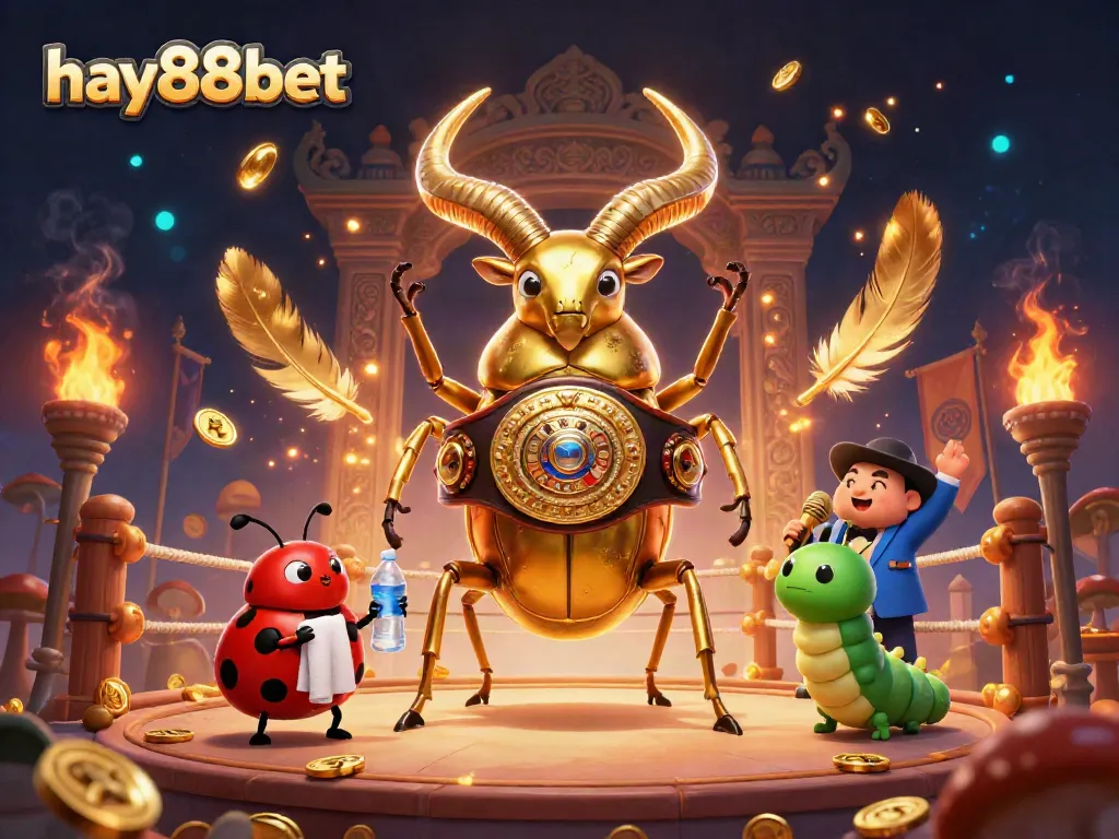 Immerse in the vibrant excitement of hay88bet with a giant golden stag beetle champion facing off in a dynamic arena.