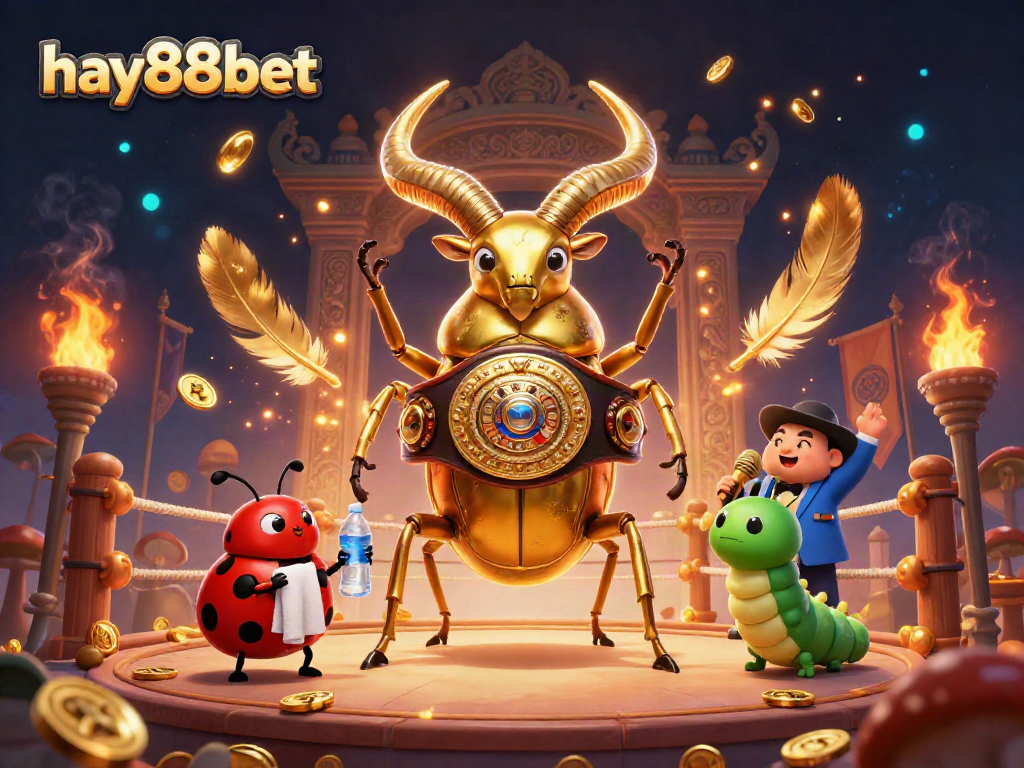 Immerse in the vibrant excitement of hay88bet with a giant golden stag beetle champion facing off in a dynamic arena.