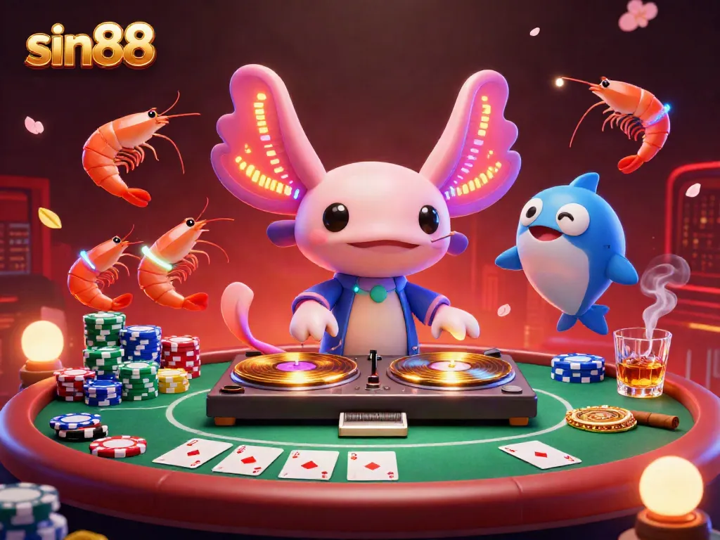 Experience the excitement of sin88 with a vibrant underwater casino scene featuring DJ axolotl, poker elements, and party shrimp.