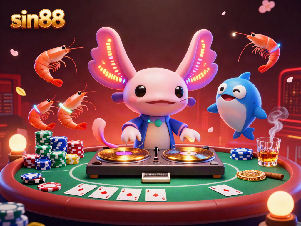 Experience the excitement of sin88 with a vibrant underwater casino scene featuring DJ axolotl, poker elements, and party shrimp.