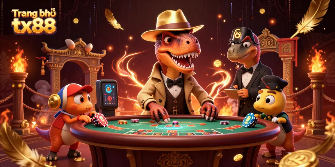 Experience the excitement at Trang chủ tx88 with a velociraptor card counter amidst vibrant casino action.