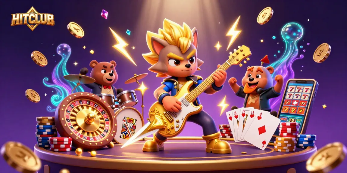 Engage with HITCLUB's thrilling casino atmosphere featuring a rock star wolf and drummer bear amid coins and gaming elements.