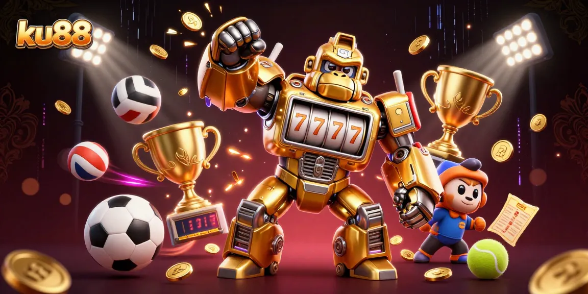 Experience the thrill of ku88 with a dynamic golden gorilla mech in an energetic casino scene.