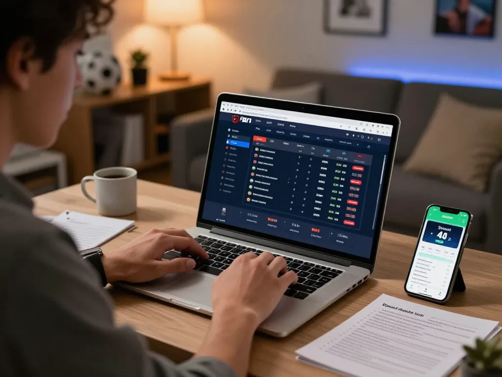 Engaging in kèo nhà cái betting with a detailed interface on a laptop and betting notes readily visible.