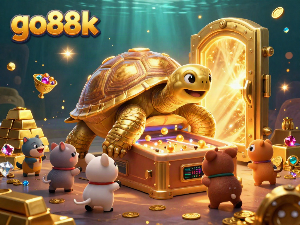 Engage with go88k's exciting gaming experience featuring a golden tortoise pinball machine and treasure visuals