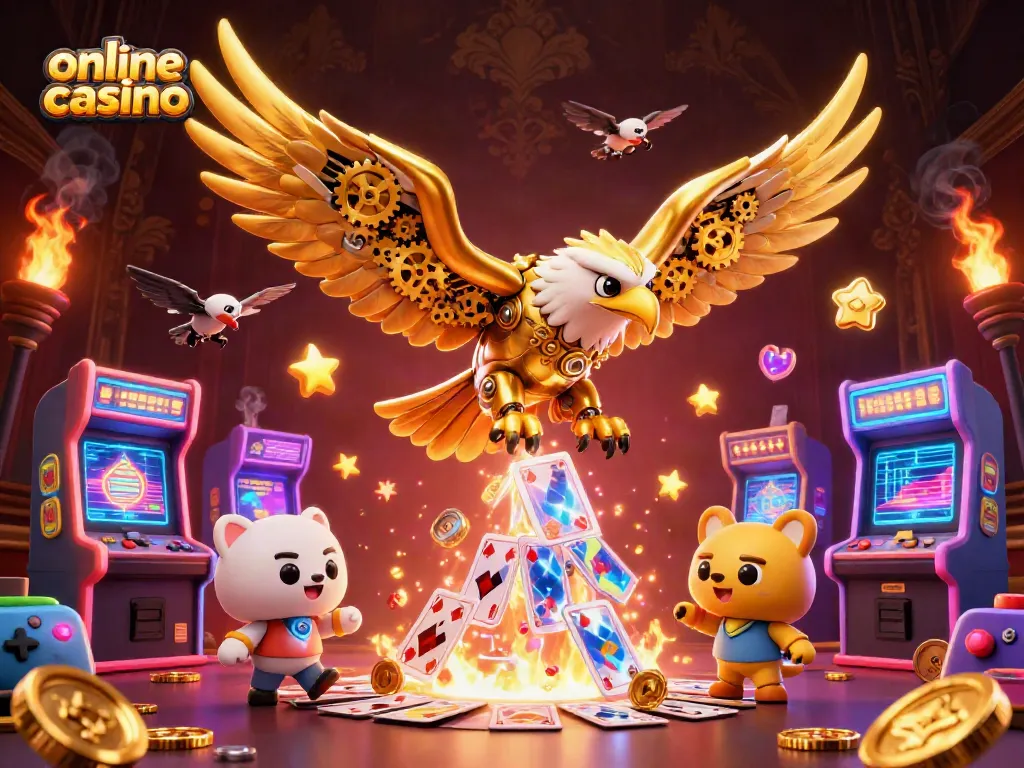 Juega en un emocionante casino online rodeado de relucientes máquinas y cartas holográficas.