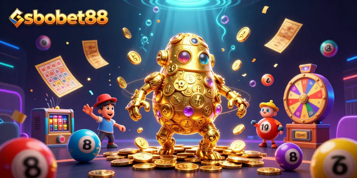 Engage with sbobet88, showcasing thrilling sports betting action with a golden golem and dynamic casino elements.