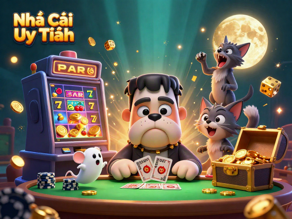 Engaging casino scene showcasing Nhà Cái Uy Tín with vibrant characters and dynamic gaming elements.