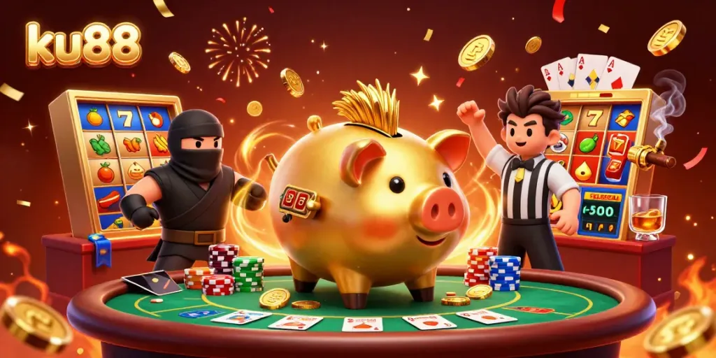 Engaging ku88 illustration depicting a sumo wrestler and ninja, surrounded by vibrant casino elements.