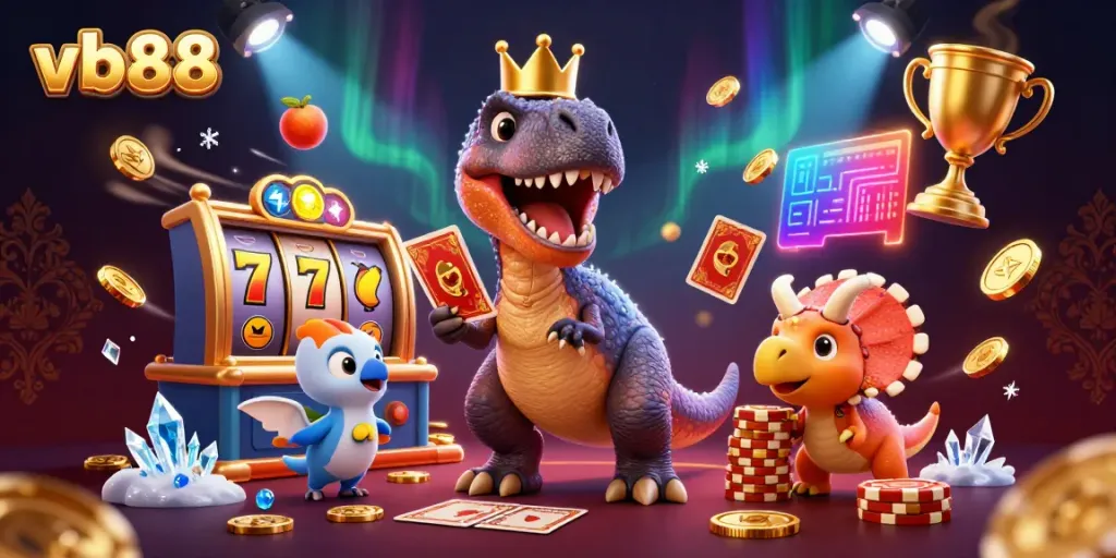 VB88 promotes thrilling slots action as T-Rex shuffles cards with friends while stacking golden chips.