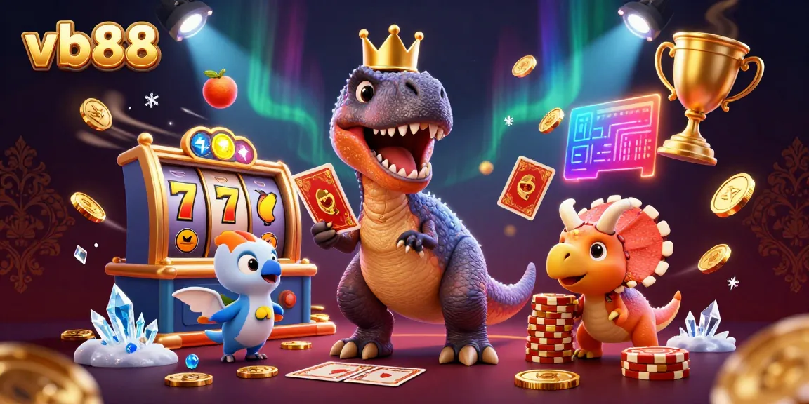 VB88 promotes thrilling slots action as T-Rex shuffles cards with friends while stacking golden chips.