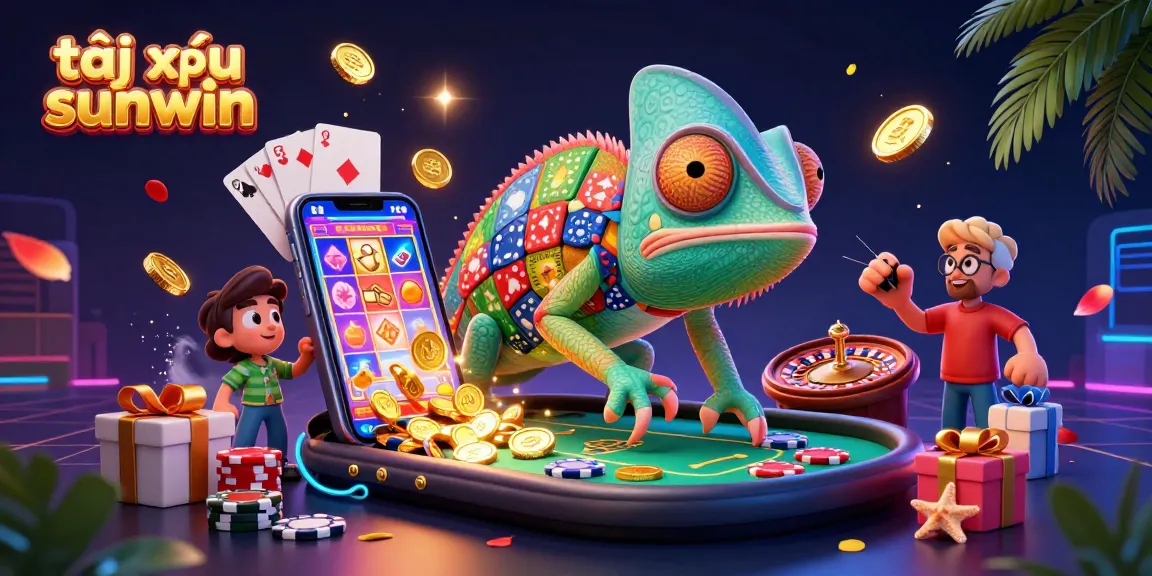 Tài xỉu sunwin illustration showcasing a vibrant casino scene with a chameleon owner, lively gaming elements, and dynamic action.