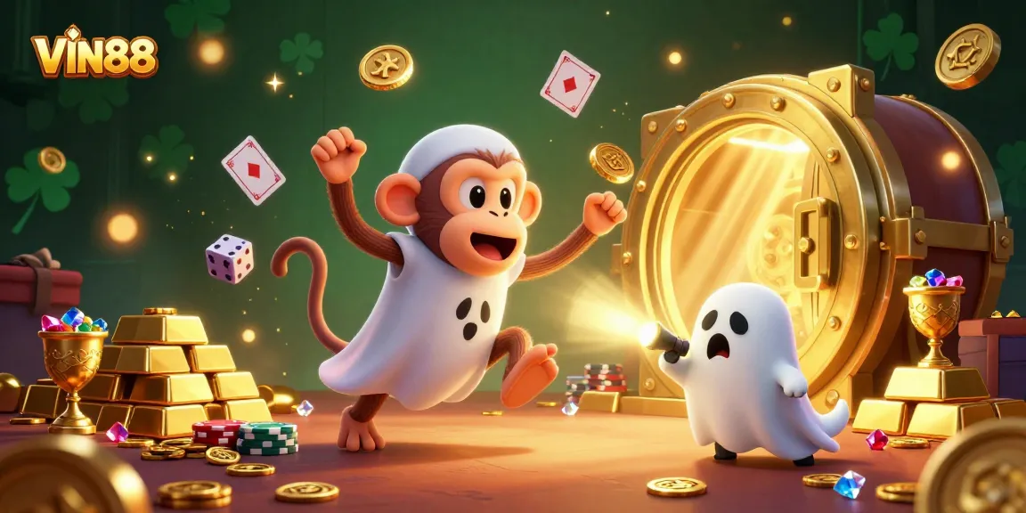 VIN88 catches excitement at a haunted casino with a mischievous poltergeist monkey and a curious ghost-hunter puppy.