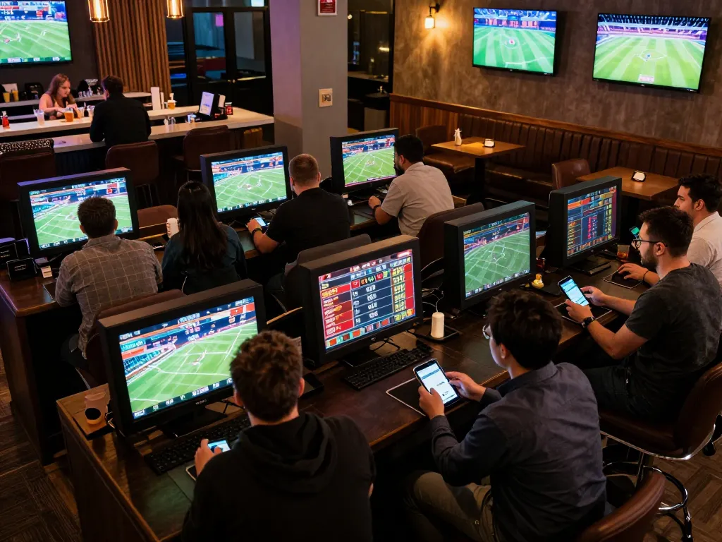 Excited bettors analyzing ty le keo nha cai 5 in a modern sports betting lounge