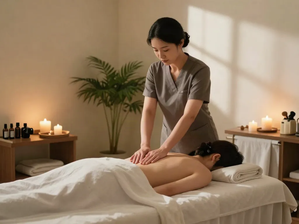 Engaging scene of a professional massage therapist providing 까치산출장안마 in a serene spa environment with calming decor.