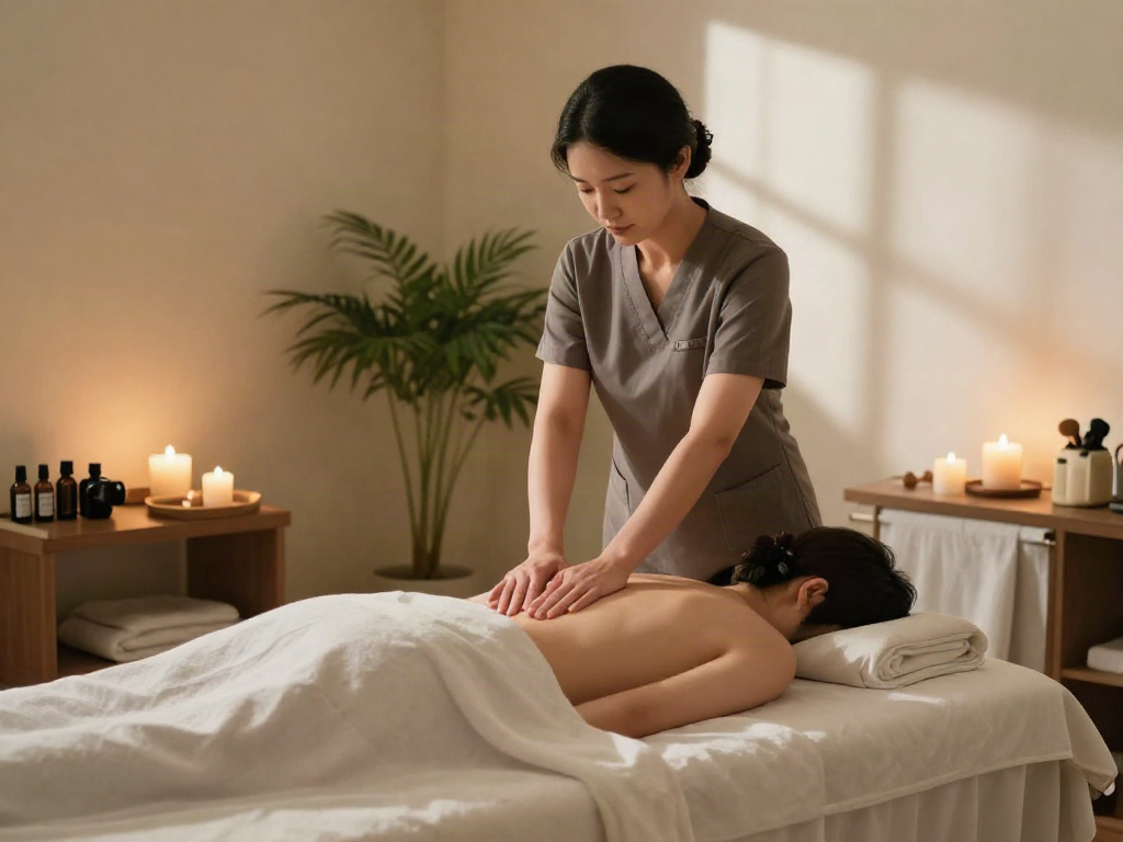 Engaging scene of a professional massage therapist providing 까치산출장안마 in a serene spa environment with calming decor.