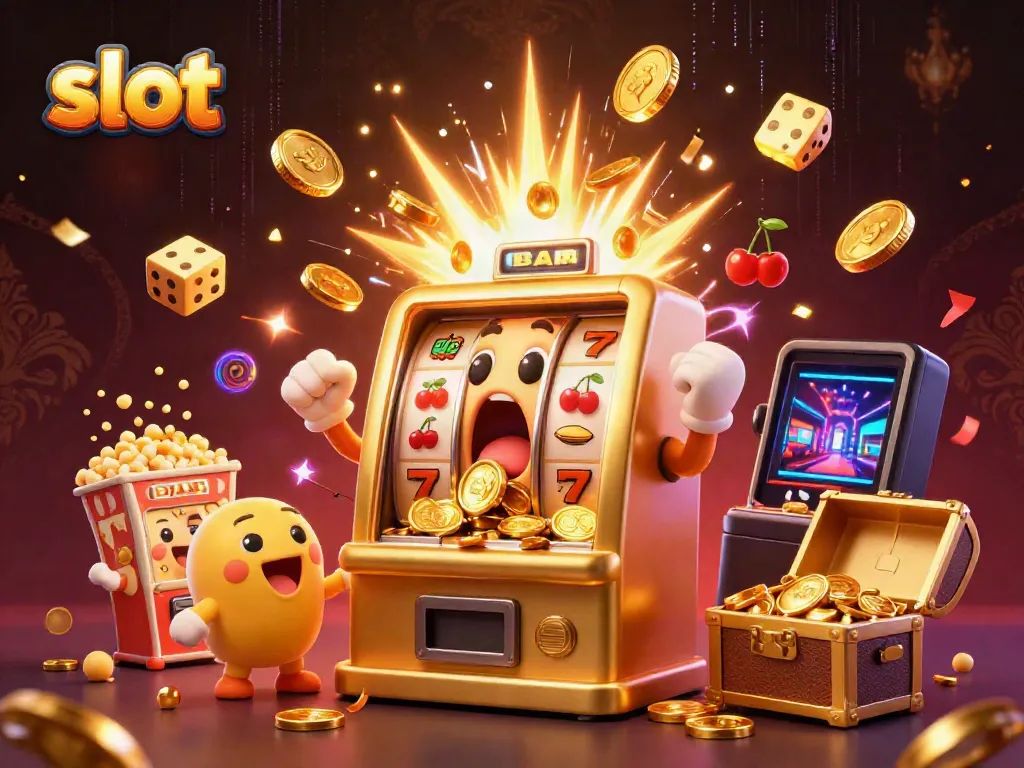 Golden slot machine hitting a jackpot, surrounded by cheering mini machines and casino elements.