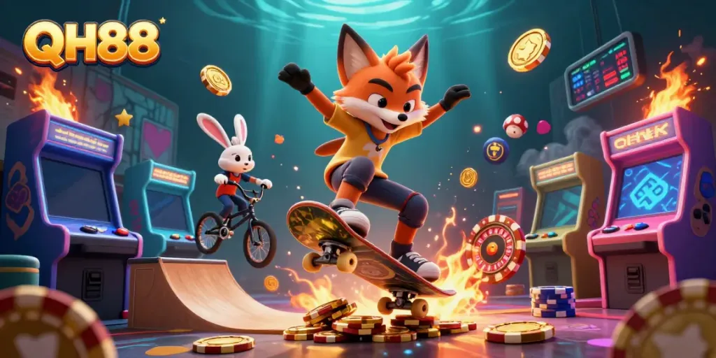 Experience thrilling bets at QH88 in this vibrant 3D casino scene filled with excitement.