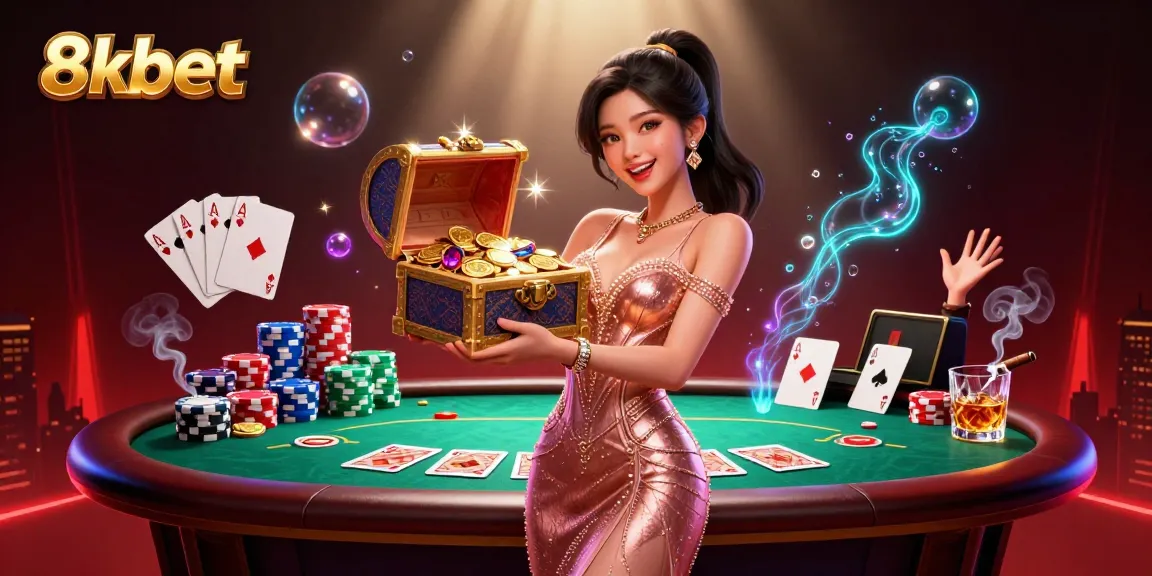 Experience thrilling wins with 8xbet in a vibrant online casino scene featuring treasure troves and poker elements.