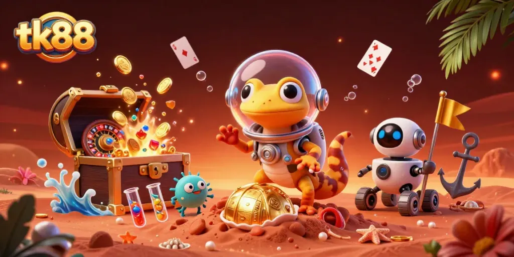 tk88 casinos come alive in a vibrant yellow Martian scene filled with gaming elements and cosmic cheer.