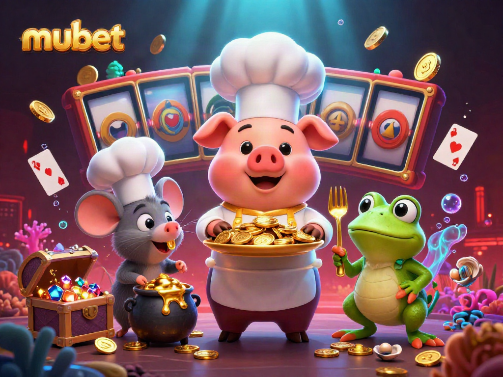 Join the action with mubet as a chef pig serves gold coins amidst dynamic slot reels.