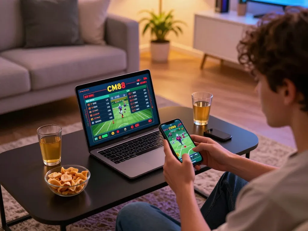 CM88 user engaging in smartphone sports betting from a stylish home setup with cozy atmosphere.