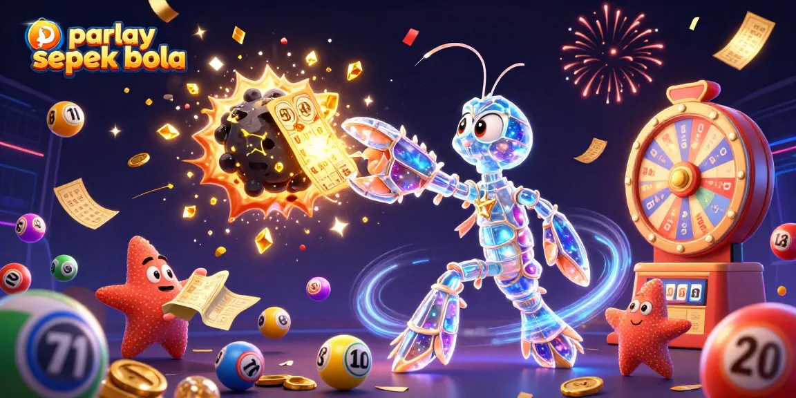 Exciting "parlay sepak bola" scene featuring a galactic shrimp amidst lottery excitement with dynamic visuals.