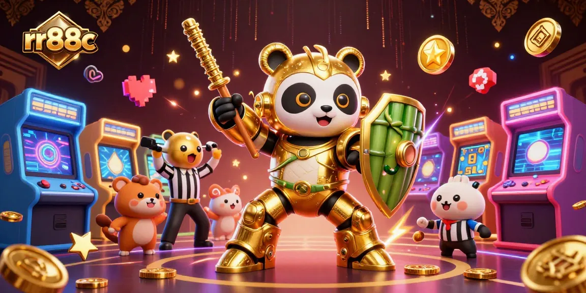 Engage with fast-paced gaming action at rr88c, featuring a panda in mech-suit amidst dynamic 3D arcade elements.