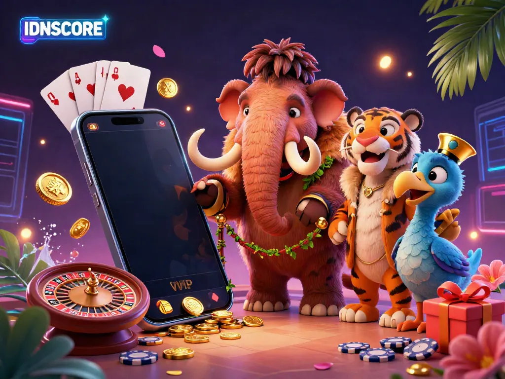 Engage with thrilling games on IDNSCORE with a vibrant casino scene featuring playful characters.