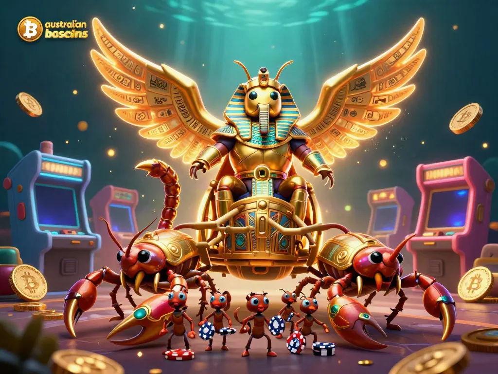 Engaging scene showcasing australian bitcoin casinos with a golden beetle and scorpion chariot.