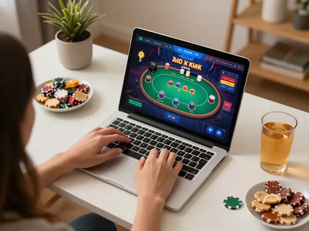 B52 Club gamer strategizing bets on laptop with poker interface in a cozy home setup.