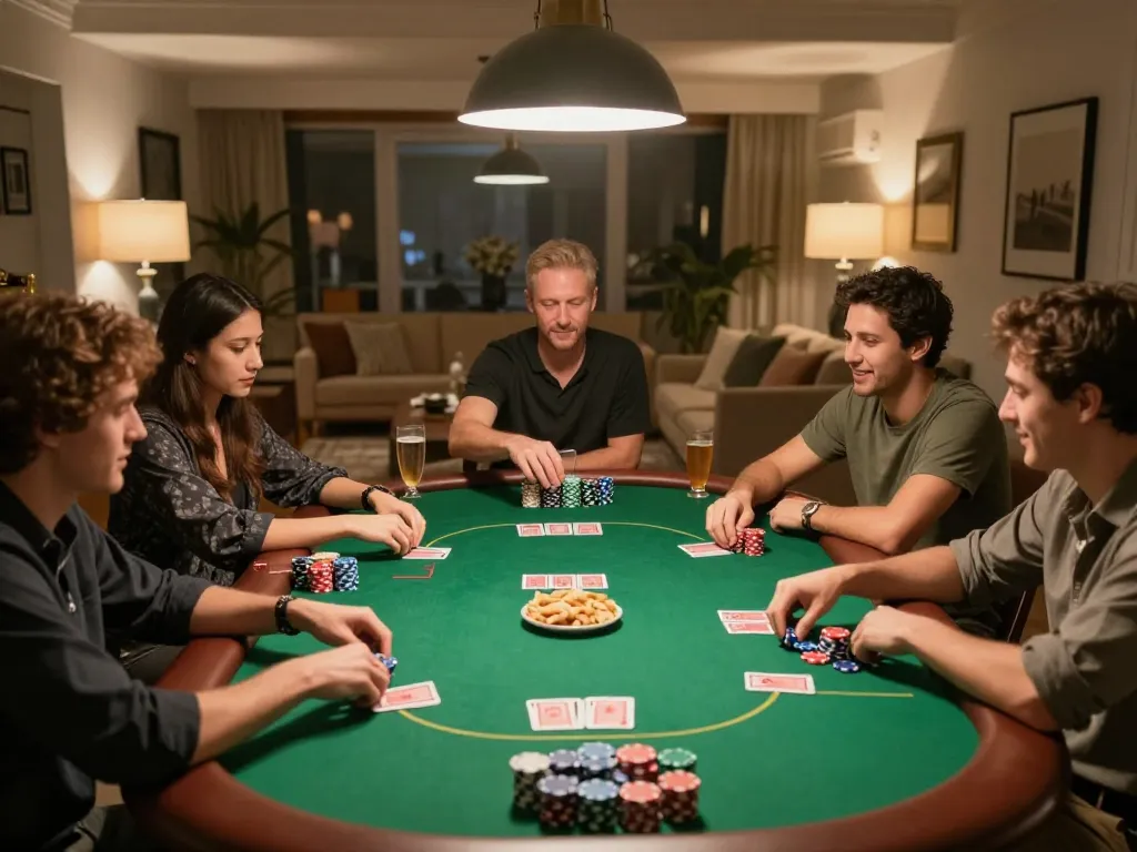 58wiin players enjoying a friendly home poker game with colorful chips and warm ambiance.