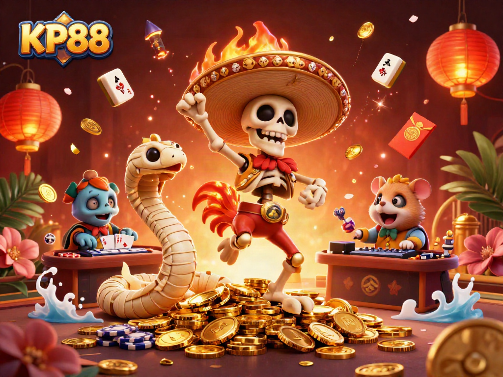 Engage with KP88's animated casino scene featuring vibrant characters and gold elements.