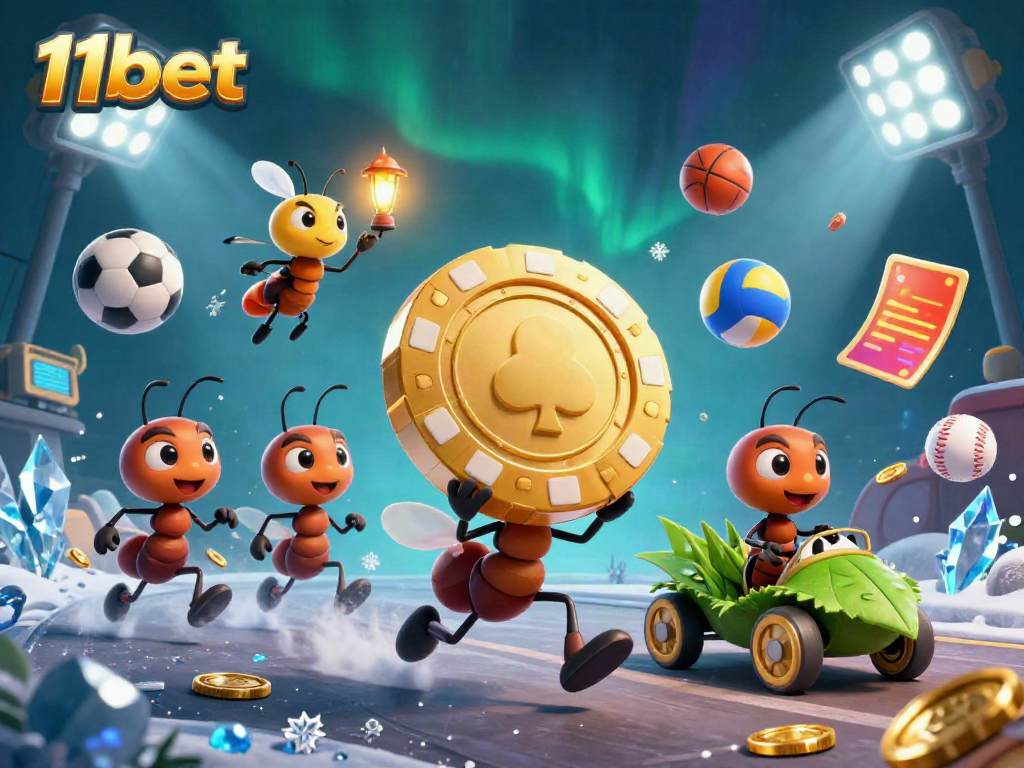 Ants executing a heist with a golden poker chip at 11bet casino, dynamic gaming elements