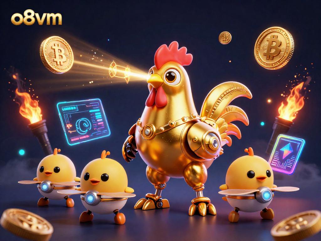Engage in thrilling action at o8vm with vibrant 3D casino visuals featuring a rooster robot and baby chick drones.